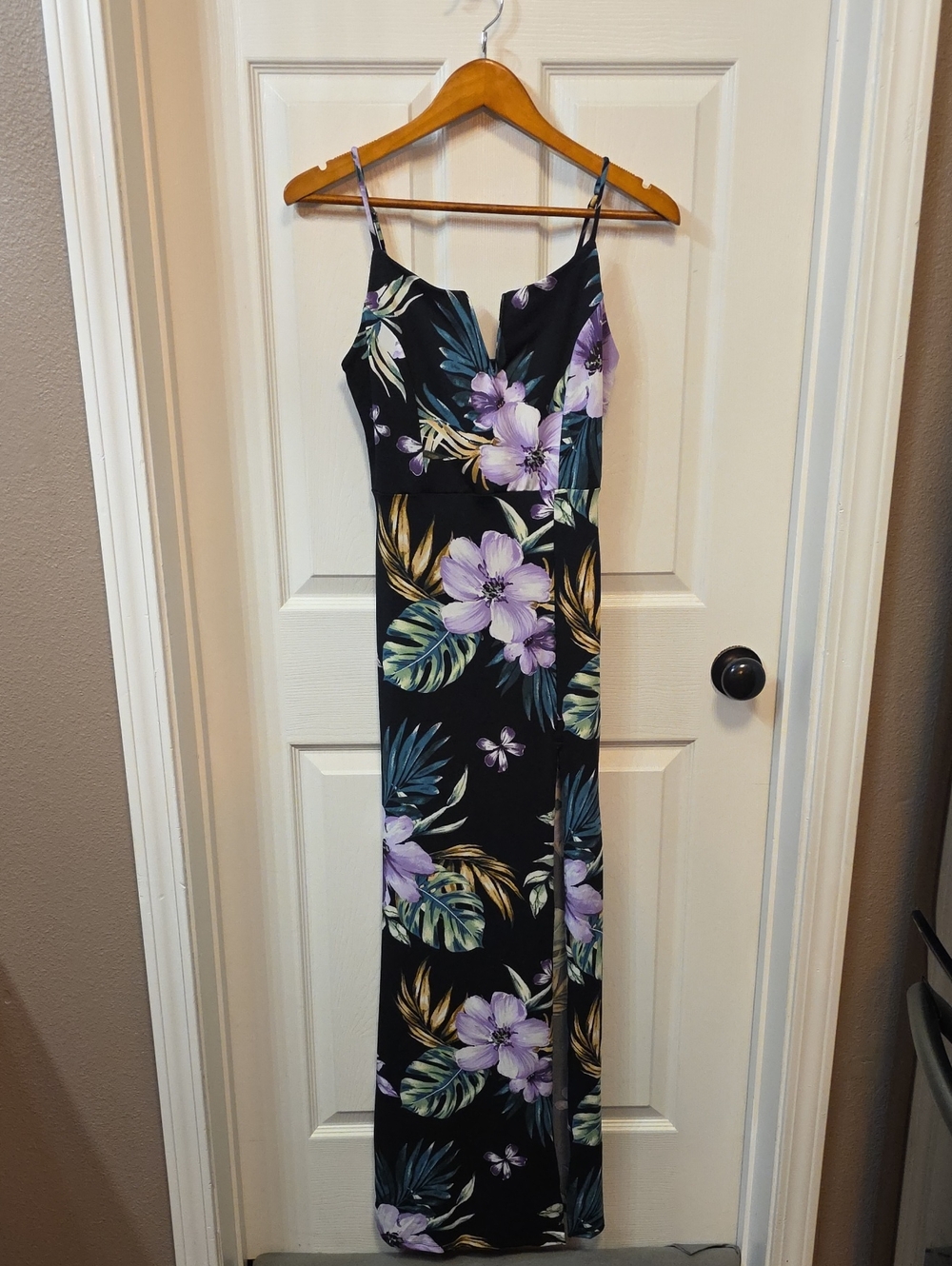 Blāshe Black Floral Maxi Slip Dress with Purple Hibiscus